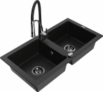 Granitinė virtuvinė plautuvė Mexen Mario su mai&scaron;ytuvu ir sifonu, Juodas+Juodas/Chrome