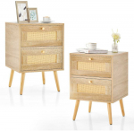 Bonideco Select 2 boho stiliaus rotango naktinių staliukų rinkinys su 2 stalčiais ir medžio masyvo kojomis
