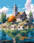 Tapyba pagal skaičius Ežero pakrantės akmeninės bažnyčios atspindys 40 &times; 50 cm