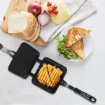 Lwuey Dvigubas sumu&scaron;tinių keptuvas, keptuvė su nelimpančia danga, skrudinimo keptuvė, kar&scaron;čiui atspari rankena, pusryčių kepimo aliumininė kiau&scaron;inių duonos skrudintuvo tortilijų panini keptuvė, skirta namų virtuvei, lauko grilio keptuvė