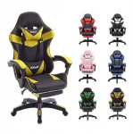 Ergonomi&scaron;ka žaidimų kėdė su atrama kojoms ir galvos atrama, geltona-juoda