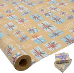 Didelis vyniojamojo popieriaus rulonas - 76cm x 15m - perdirbamas kalėdinis vyniojamasis popierius su mėlynu dovanų ra&scaron;tu Kalėdoms, gimtadieniui, vestuvėms ir vakarėlių dekoracijoms