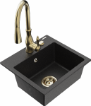 Granitinė virtuvinė plautuvė Mexen Milo su mai&scaron;ytuvu ir sifonu, Metallic juodas/sidabrinis+Gold
