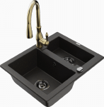 Granitinė virtuvinė plautuvė Mexen Carlos su mai&scaron;ytuvu ir sifonu, Metallic juodas/auksinis+Gold