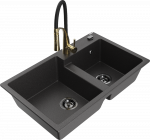 Granitinė virtuvinė plautuvė Mexen Tomas su mai&scaron;ytuvu ir sifonu, Juodas granite+Juodas/Gold
