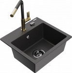 Granitinė virtuvinė plautuvė Mexen Milo su mai&scaron;ytuvu ir sifonu, Juodas granite+Juodas granite/Gold