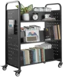 3 pakopų riedantis knygų vežimėlis, dvigubas, W formos lentynos, tvirtas, mobilus bibliotekos vežimėlis, organizatorius, knygų stumdukas