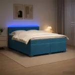 Lova su čiužiniu ir LED ap&scaron;vietimu Mėlyna 200 x 200 cm Aksomas