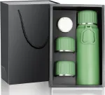 Olerd Termosas, nerūdijančio plieno gertuvė, dovanų rinkinys, 750 ml izoliuotas butelis su 3 puodeliais, nepralaidus vandens butelis kavai, arbatai, i&scaron;laiko kar&scaron;tą ir &scaron;altą 6 valandas (žalias)