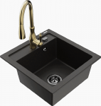 Granitinė virtuvinė plautuvė Mexen Vito su mai&scaron;ytuvu ir sifonu, Metallic juodas/auksinis+Gold