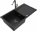 Granitinė virtuvinė plautuvė Mexen Leo su mai&scaron;ytuvu ir sifonu, Juodas+Juodas/Gold
