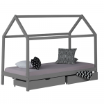 Homestyle4U Vaiki&scaron;ka lova, namelio formos lovos rėmas su čiužiniu ir stalčiais, 206x160x98 cm, pilka