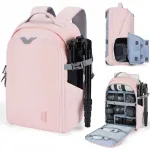 Bagsmart kuprinė dslr slr fotoaparatui 15,6 colio ne&scaron;iojamam kompiuteriui, atspari vandeniui, rožinė
