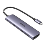 Ugreen CM195 6-in-1 USB-C adapteris &ndash; HDMI / 2&times; USB-A 3.0 / USB-C PD / SD / TF kortelių skaitytuvas &ndash; pilkas
