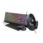 Trust GXT 792 Quadrox 4-in-1 gaming bundle with lightweight headset, spill resistant RGB keyboard, illuminated mouse and mousepad