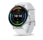 Garmin Venu 3 sidabro spalvos nerūdijančiojo plieno apvadas su baltojo akmens korpusu ir silikoniniu dirželiu