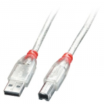 USB Kabelis - LINDY USB 2.0 Type A į B Laidas M/M, 5 m, Skaidrus