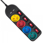 "Maclean" maitinimo juosta, 4 ki&scaron;tukinių lizdų ilgintuvas + 2xUSB, su jungikliais, 250VAC/10A, 2,1A 5V, 1,5 m, juoda, MCE229 B