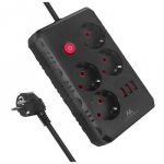 Maclean elektros paskirstytuvas, 4 lizdai + 3xUSB prailginimo laidas, 110&ndash;240 V kintama srovė, 50/60 Hz, 2,1 A, maks. 2500 W, 1,5 m, juodas, MCE392 B