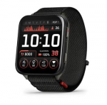 Garmin Venu X1 i&scaron;manusis laikrodis, juodos spalvos su titano mėlynai pilku užpakaliniu dangteliu ir juodu ComfortFit nailono dirželiu