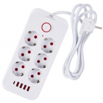 Maclean elektros paskirstytuvas, 6 lizdai + 4xUSB prailginimo laidas, 110&ndash;240 V kintama srovė, 50/60 Hz, 2,1 A, maks. 2500 W, 1,5 m, baltas, MCE389 W