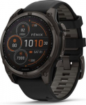 Garmin fenix 8 47mm Solar Sapphire Pilkos anglies spalvos DLC titanas su juodos / pilkos akmenukų spalvos silikoniniu dirželiu