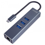 Savio AK-57 USB-C - 3 x USB-A &scaron;akotuvas su RJ-45 Gigabit Ethernet adapteriu, 5000 Mbps, pilkos spalvos