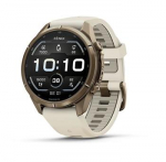 &bdquo;Garmin fenix 9 Pro&ldquo; i&scaron;manusis laikrodis, 43 mm, titano, rudens aukso spalvos su kreminės spalvos / prancūzi&scaron;ko pilko silikono dirželiu