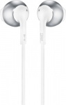 JBL T205 Chrome Earbud headphones | 1-button remote with microphone | Tangle-free flat cable