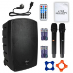 V-TONE BQ12 GO MP3 - aktyvus 8 colių baterijomis maitinamas garsiakalbis su belaidžiu mikrofonu ir nuotolinio valdymo pultu, juodos spalvos