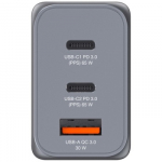 Verbatim 32201 GaN Įkroviklis 65W 3-Port, USB-A/USB-C, EU/UK/US Plug, Pilka/Juoda