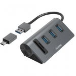 Hama USB Hub, 3x USB-A 3.2 Gen 1, SD, microSD, USB-C Adapter, juodas/pilkas - USB &scaron;akotuvas