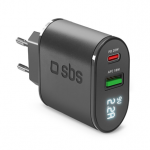 Įkroviklis SBS, USB-A, USB-C, LCD, 20 W, black