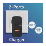 Qoltec Super Quick PD Charger | 1xUSB-C | 1xUSB | 90W | 5-20V | 2.4-4.35A |  Black