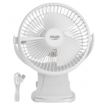 Adler Rechargeable Clip-on Desk Fan | AD 7342 | Table Fan | 5 W | Diameter 15.5 cm | Number of speeds 3 | Oscillation | White