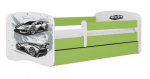 Vaiki&scaron;ka lova Kocot Kids Sports Car, balta sp./žalia sp., 70 x 140 cm, su patalynės dėže, be čiužinio