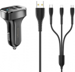 Automobilinis įkroviklis Usams NTU35YTSC13TZ, USB Type C/Lightning/Micro USB, juoda sp.