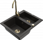 Virtuvinė plautuvė Mexen Carlos 6518581500-75+670200-50+66921-50, granitas, 58 cm x 47 cm x 17.7 cm, metallic black/gold+gold sp.