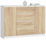Komoda Akord Furniture Factory K140 2D 4SZ, balta sp./sonoma ąžuolo sp., 99 cm x 138.4 cm x 40 cm