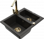 Virtuvinė plautuvė Mexen Carlos 6518581500-75+670300-50+66921-50, granitas, 58 cm x 47 cm x 17.7 cm, metallic black/gold+gold
