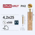 Medsraigtis, osb plok&scaron;tėms Haushalt PH, 4.2 x 25 mm, geltona, 500 vnt.