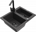 Virtuvinė plautuvė Mexen Carlos 6518581500-76+670300-70+66921-70, granitas, 58 cm x 47 cm x 17.7 cm, black granite+black(b)