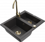 Virtuvinė plautuvė Mexen Carlos 6518581500-76+670200-50+66921-50, granitas, 58 cm x 47 cm x 17.7 cm, black granite+gold