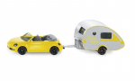 Automobilis su kemperio priekaba, geltona/pilka