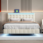 Dvigulė lova 140 x 200 cm, apmu&scaron;ta lova su LED ap&scaron;vietimu, USB jungtimi, pakabos efektu, paaugliams ir suaugusiems, smėlio spalvos linas