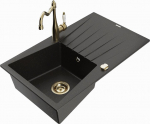 Granitinė virtuvinė plautuvė Mexen Cesar su mai&scaron;ytuvu ir sifonu, Metallic black/Gold