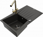 Granitinė virtuvinė plautuvė Mexen Cesar su mai&scaron;ytuvu ir sifonu, Metallic black/Gold
