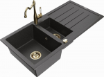 Granitinė virtuvinė plautuvė Mexen Andres su mai&scaron;ytuvu ir sifonu, Black granite/gold