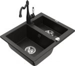 Granitinė virtuvinė plautuvė Mexen Carlos su mai&scaron;ytuvu ir sifonu, Metallic black/gold/black