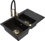 Granitinė virtuvinė plautuvė Mexen Gaspar su mai&scaron;ytuvu ir sifonu, Black/Black/Gold